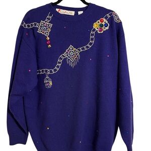 Chaus 80s Bejeweled Embroidered Purple Sweater - Size L - New Without Tags